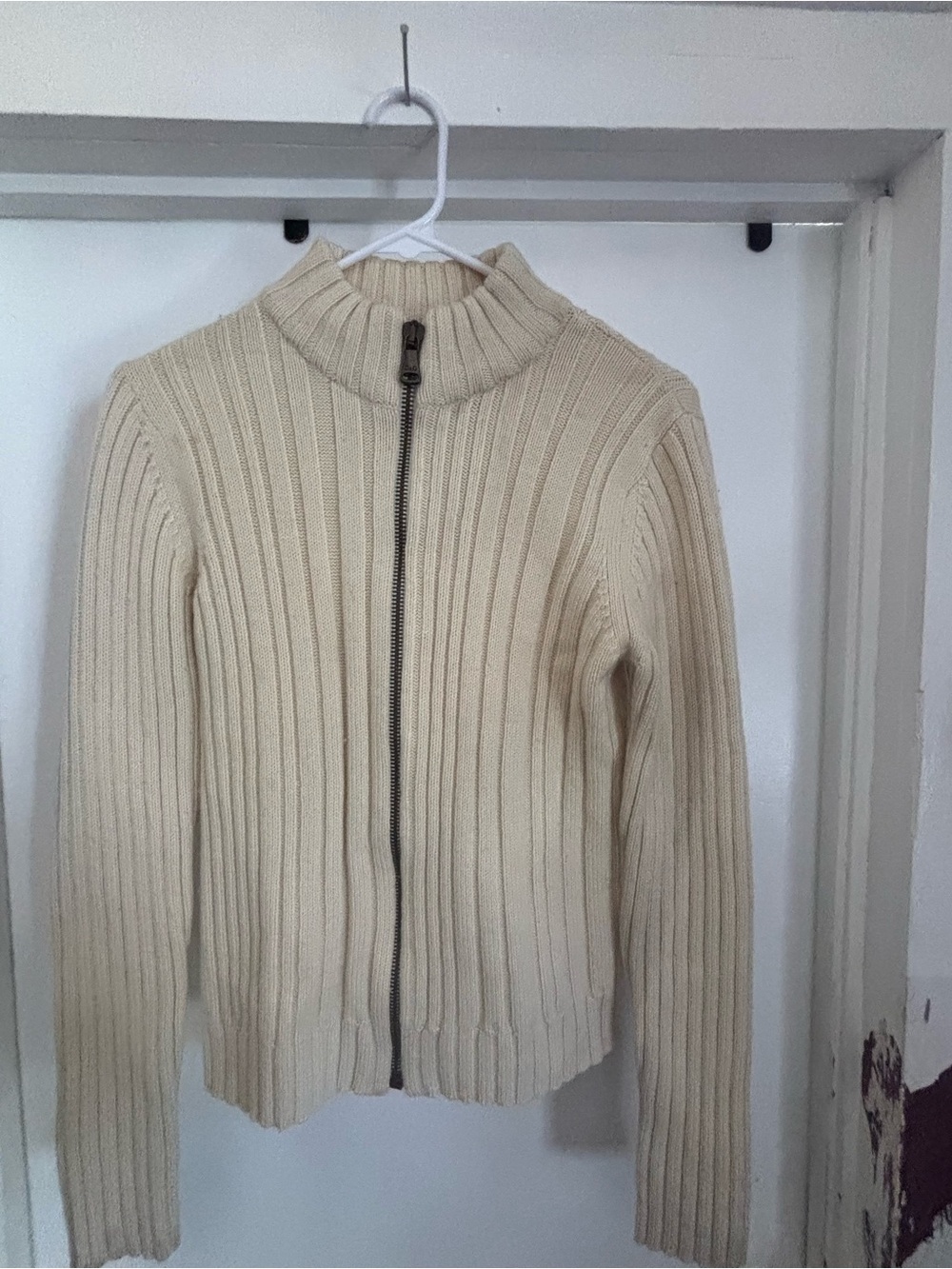 D&G Cream Ribbed Zip-Front Turtleneck Sweater
